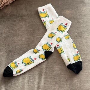 New Masters White Crew Socks with Yellow Logo Pattern and Black Accents/ Men’s L